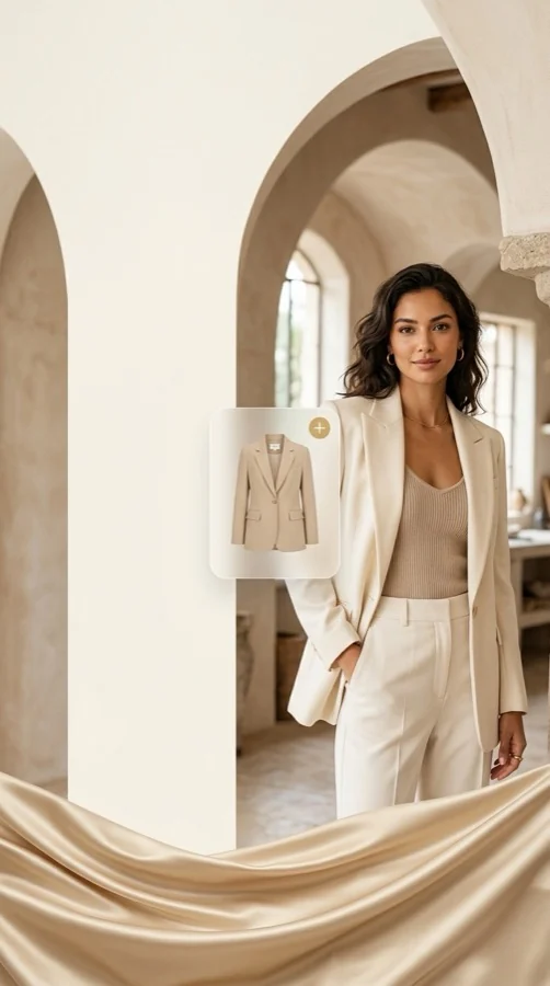 A shopper in a boutique trying on a cream blazer with AI virtual try-on