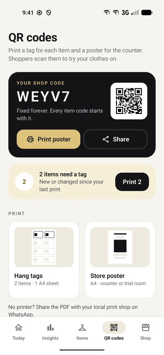 QR codes screen with the shop code, poster and hang tag printing