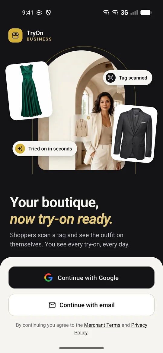 TryOn Business sign-in screen: Your boutique, now try-on ready